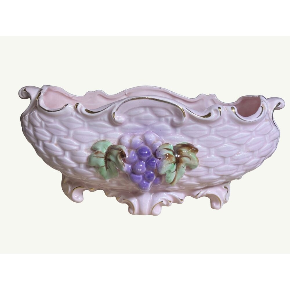 Vintage Pink Weaved Look Ceramic Planter With Grape & Leaf Design